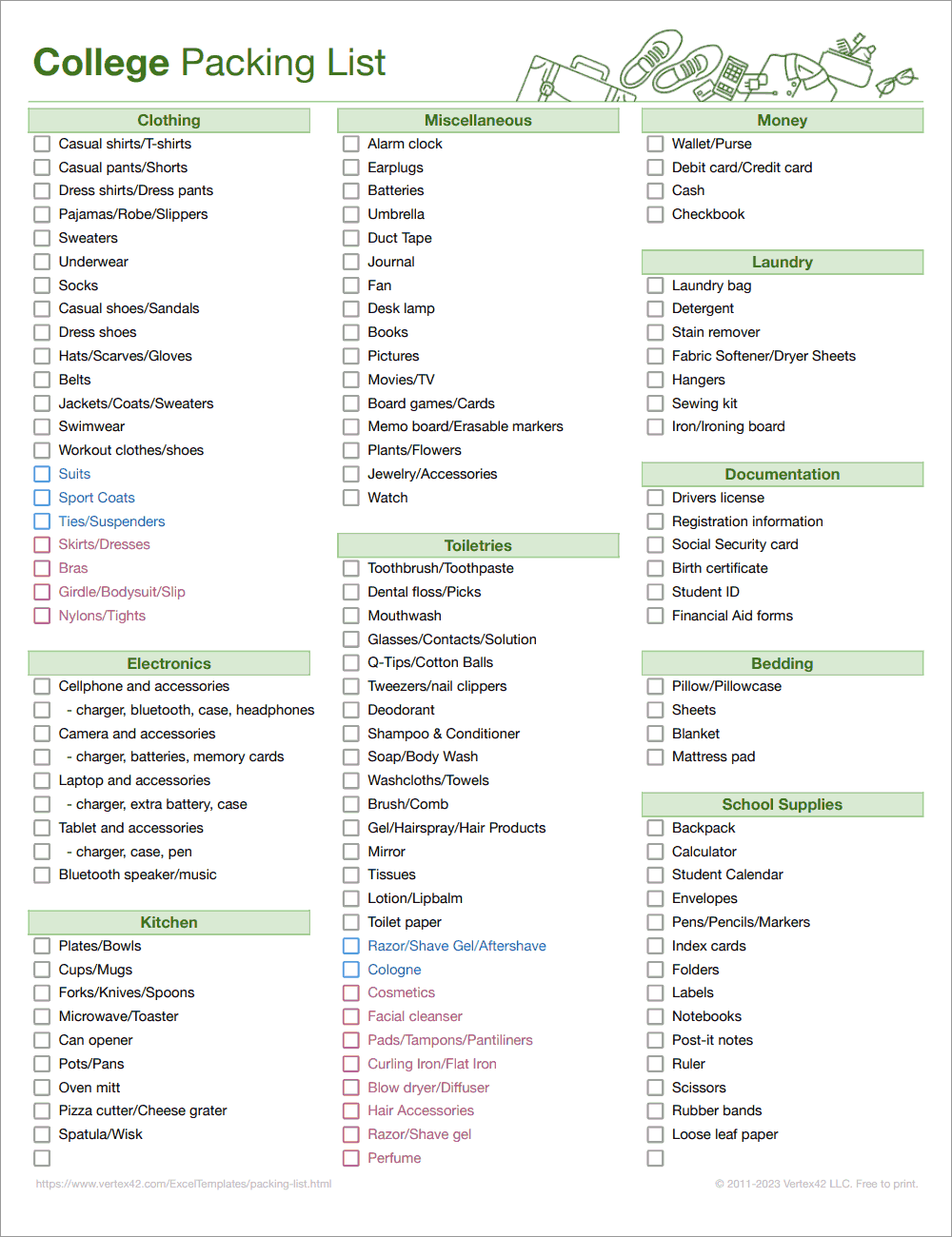 College Packing List Template