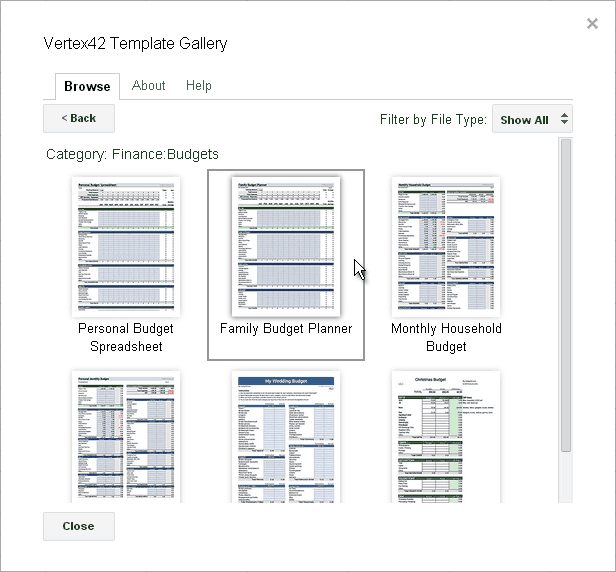 Screenshot of the Budget Templates category