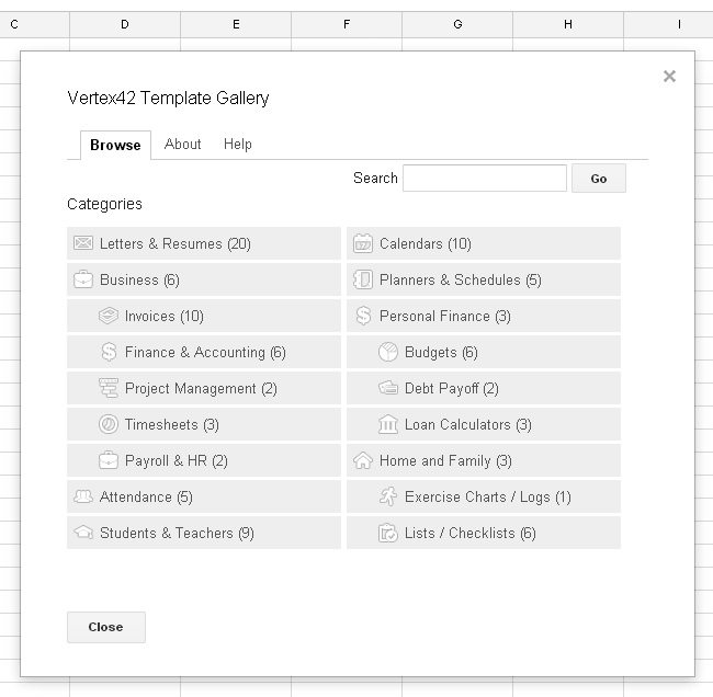 Screenshot showing the categories in the Template Gallery add-on