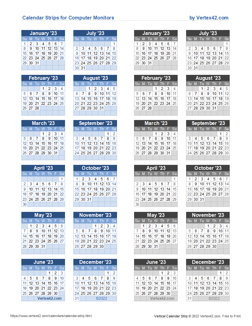 Screenshot of a Vertical (Bold) Design for the Calendar Strip Template in Excel