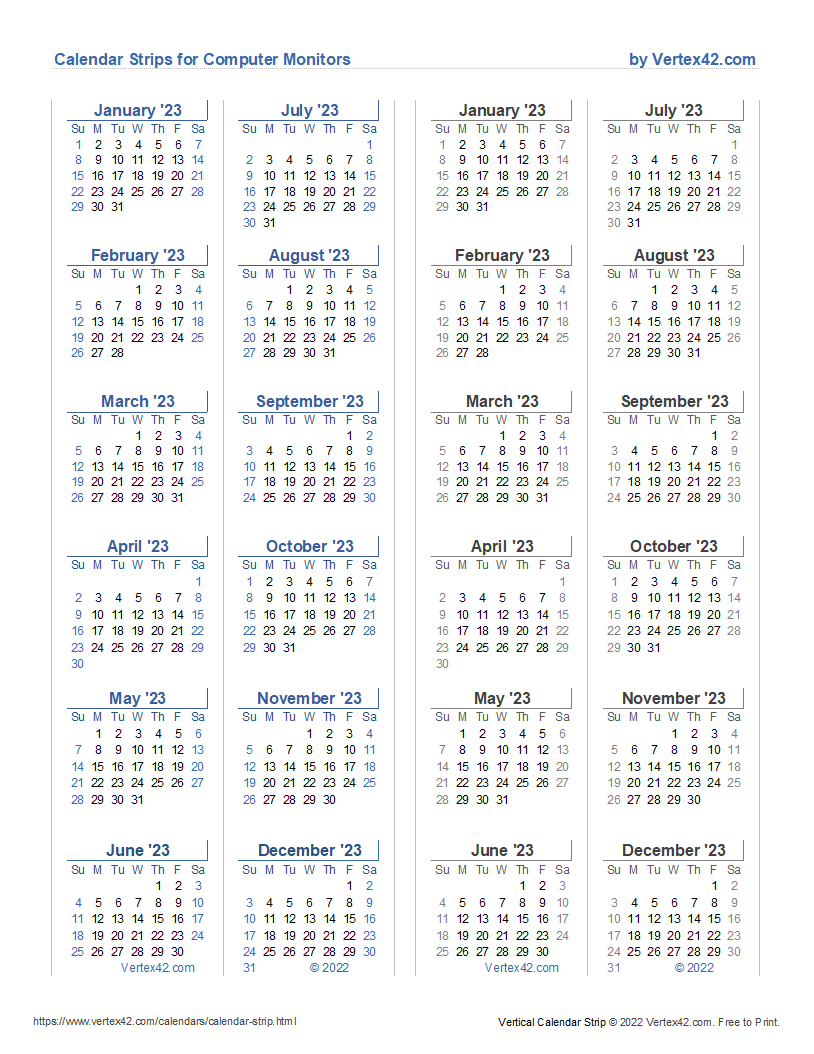 Screenshot of a Vertical (Light) Design for the Calendar Strip Template in Excel