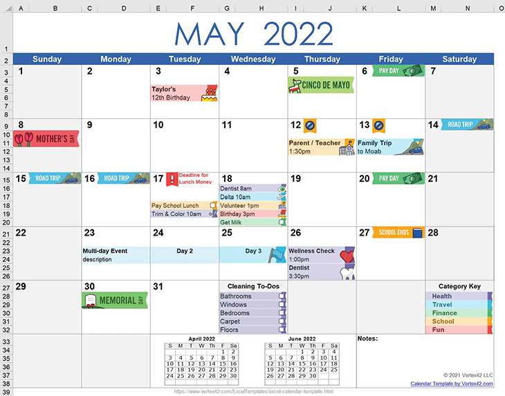 Monthly Calendar Example with Digital Calendar Stickers in Excel