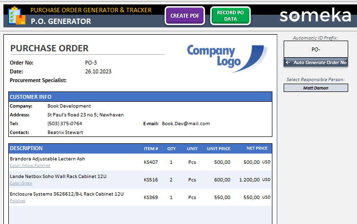 Purchase Order Generator by Someka