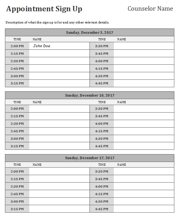 Appointment Schedule Sign Up Template