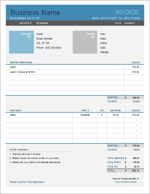 Auto Repair Invoice