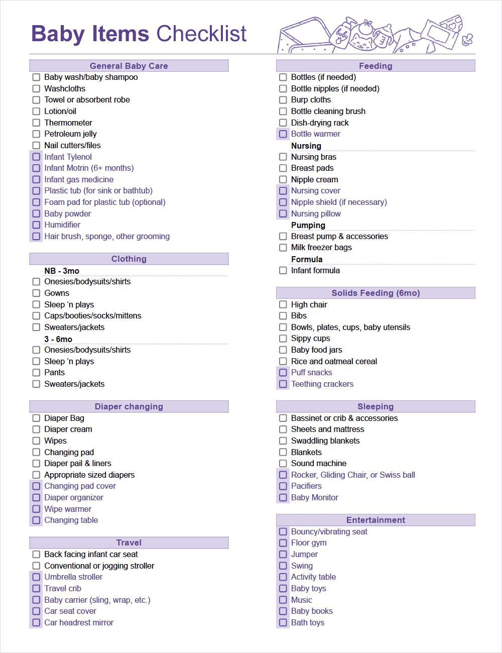 Baby Items Checklist Template