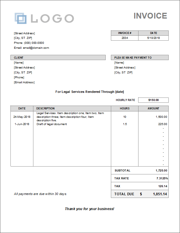 Billing Invoice for Legal Services