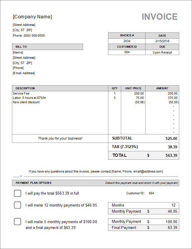 Billing Invoice with Payment Plan