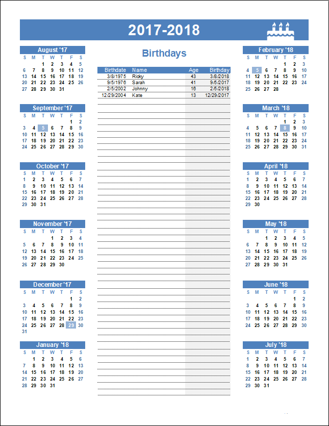 Birthday Calendar with Ages