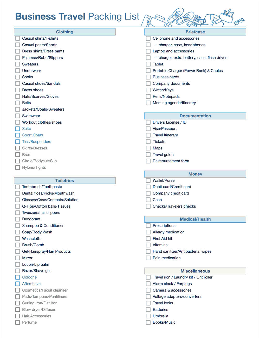 Business Travel Packing List Template