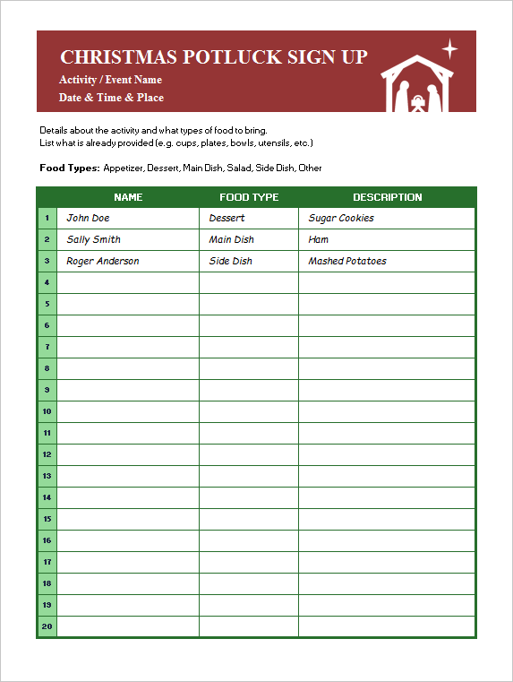 Christmas Potluck Sign Up Sheet