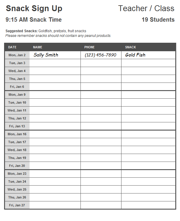 Class Snack Schedule Sign Up