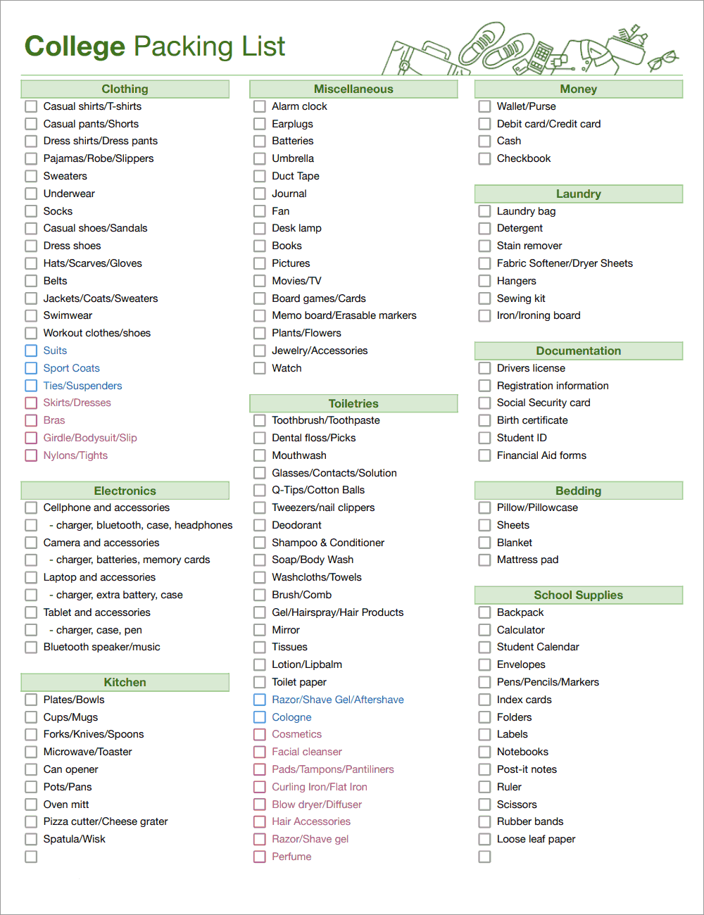 College Packing List Template