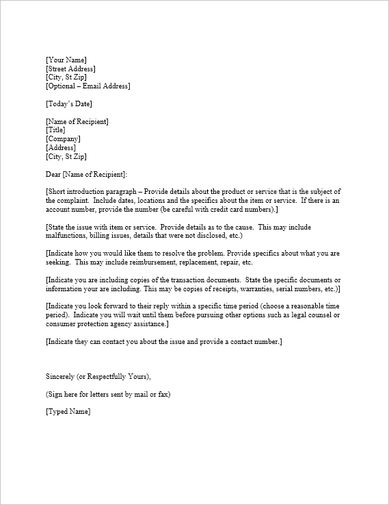 Complaint Letter Template