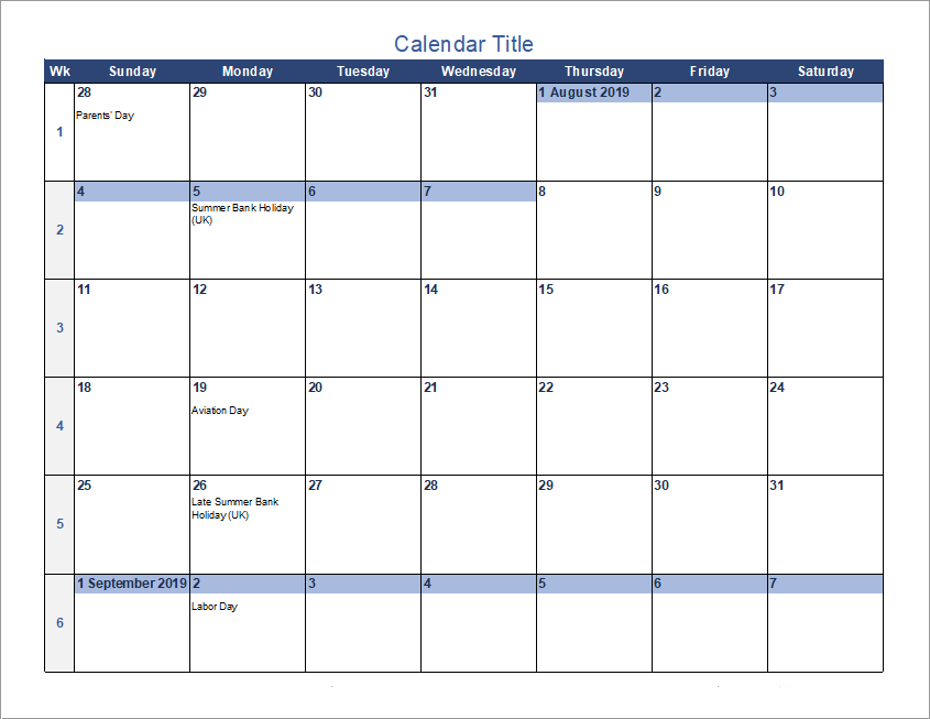 Continuous Monthly Calendar with Holidays