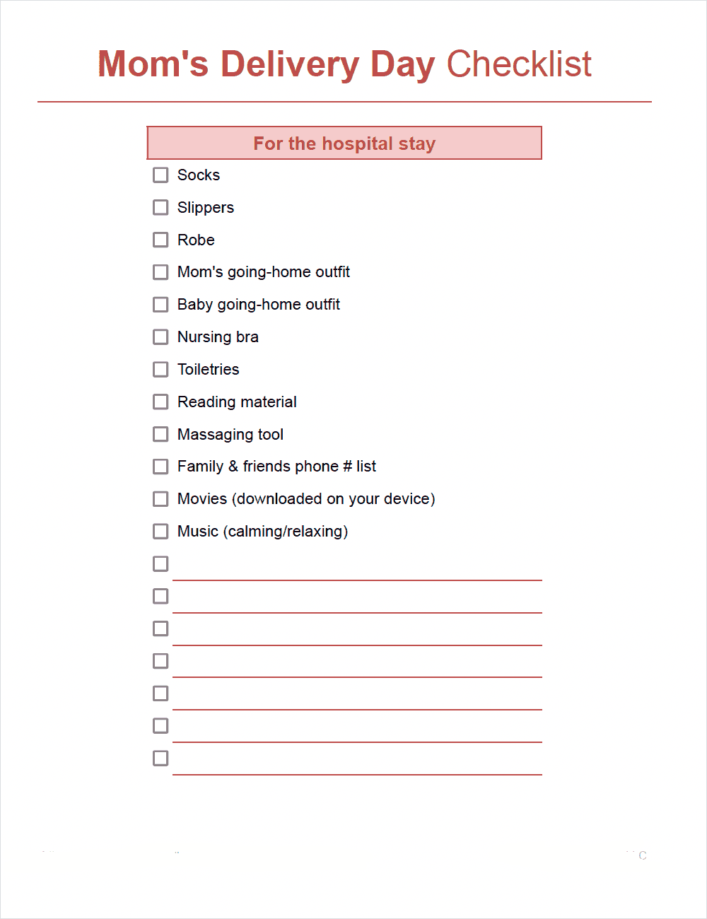 Mom's Delivery Day Checklist Template
