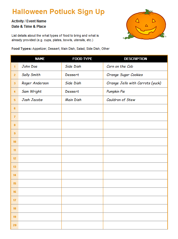 Halloween Potluck Sign Up Sheet