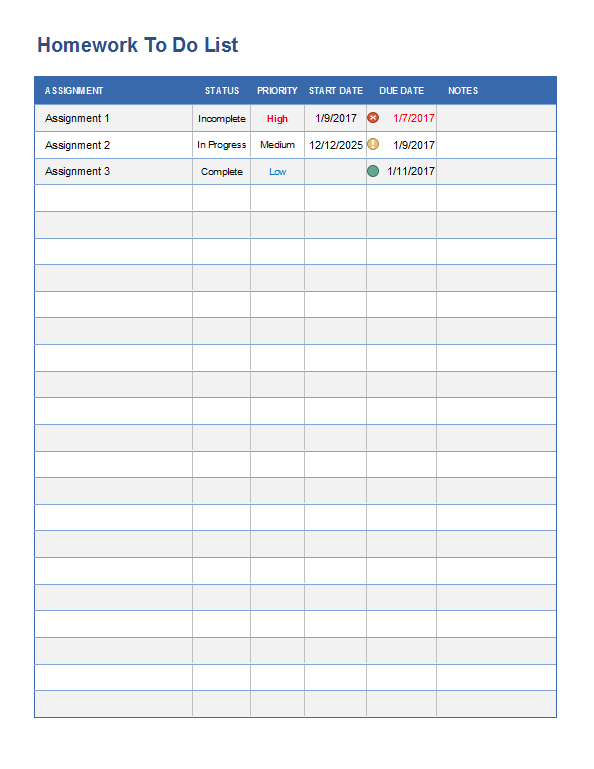 Homework To Do List Template