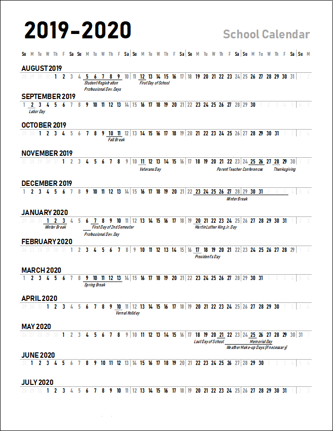 Horizontal School Year Calendar