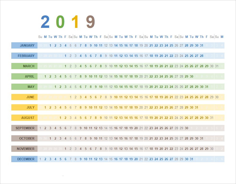 Horizontal Yearly Calendar (Seasons)