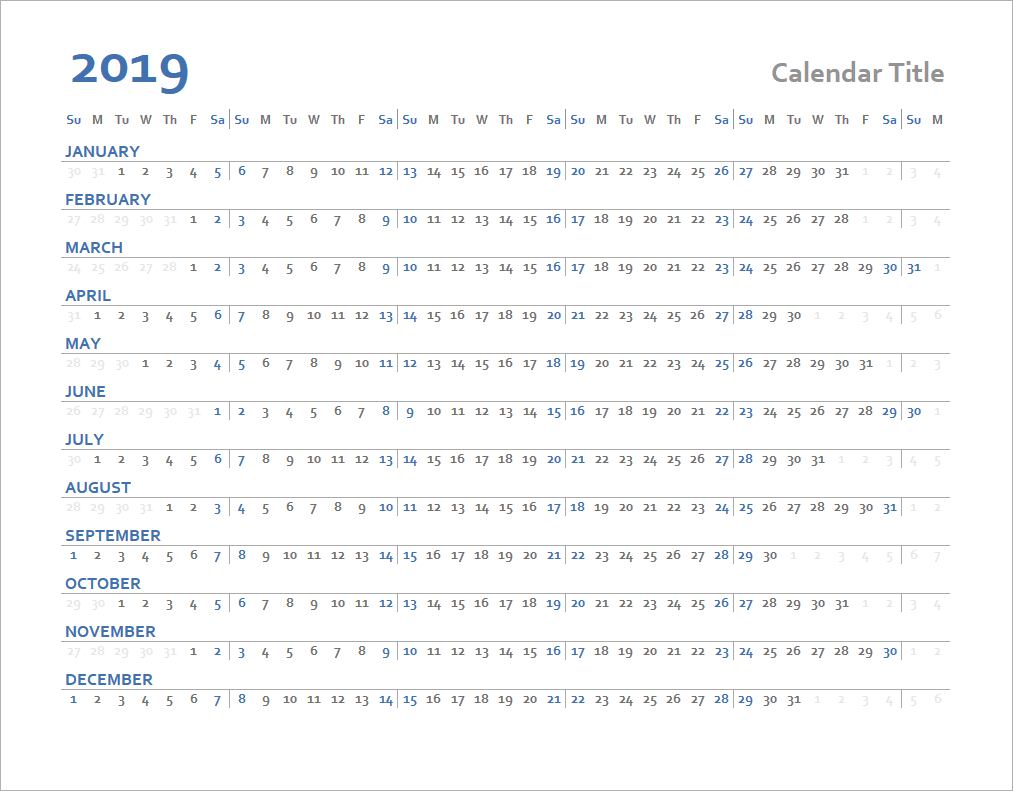 Horizontal Yearly Calendar (Light)