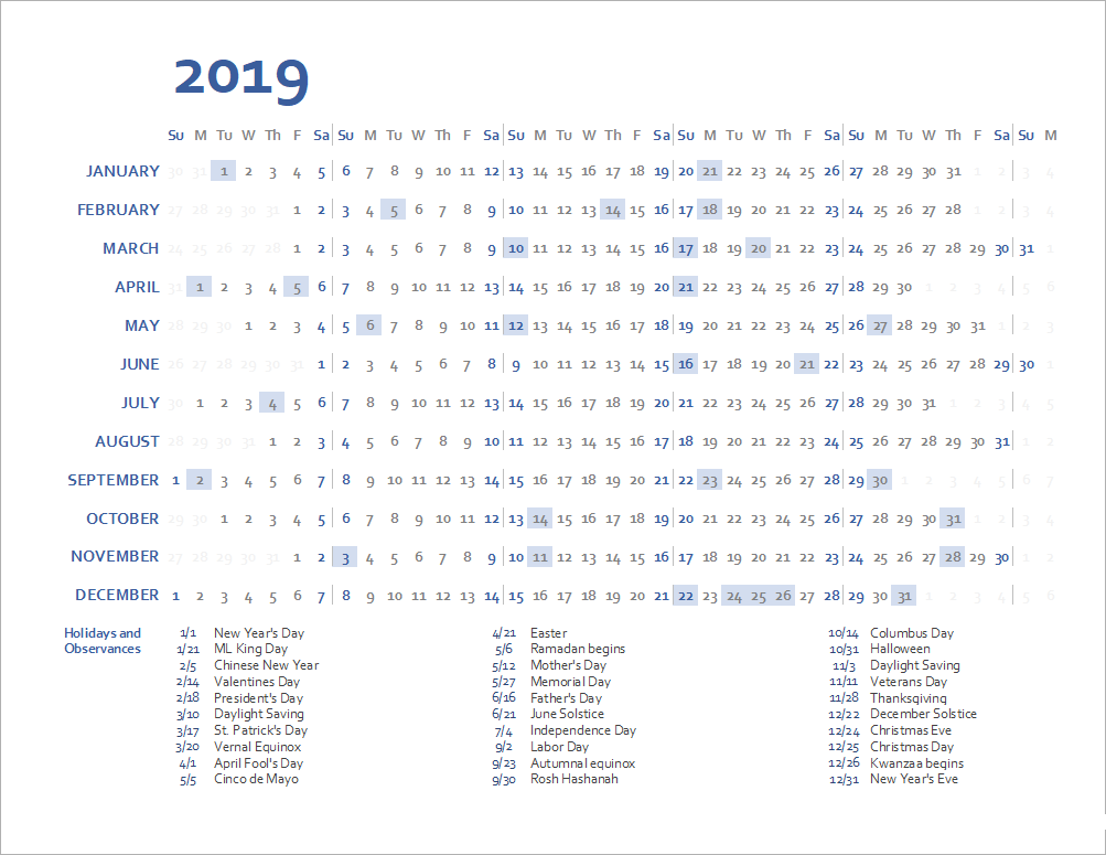 Horizontal Yearly Calendar with Holidays