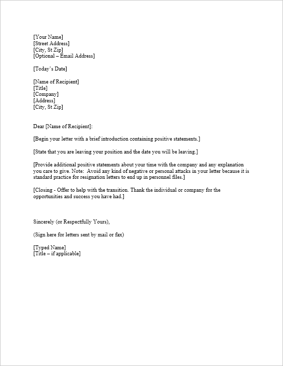 Letter of Resignation Template