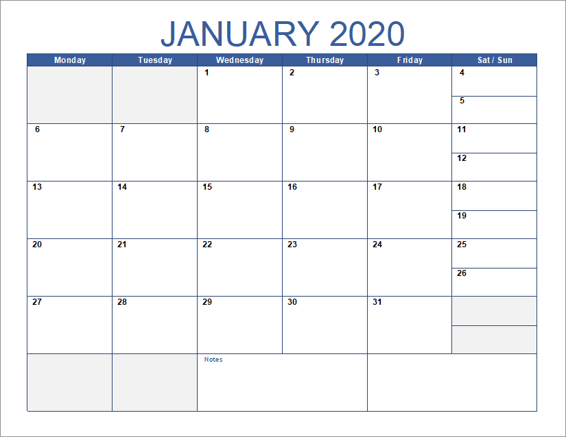 Monthly Calendar with Combined Weekend