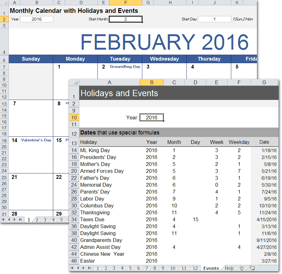 Monthly Calendar with Holidays