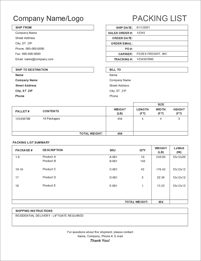 Packing Slip Template for Pallets