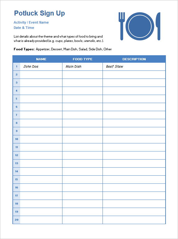 Potluck Sign Up Sheet Template