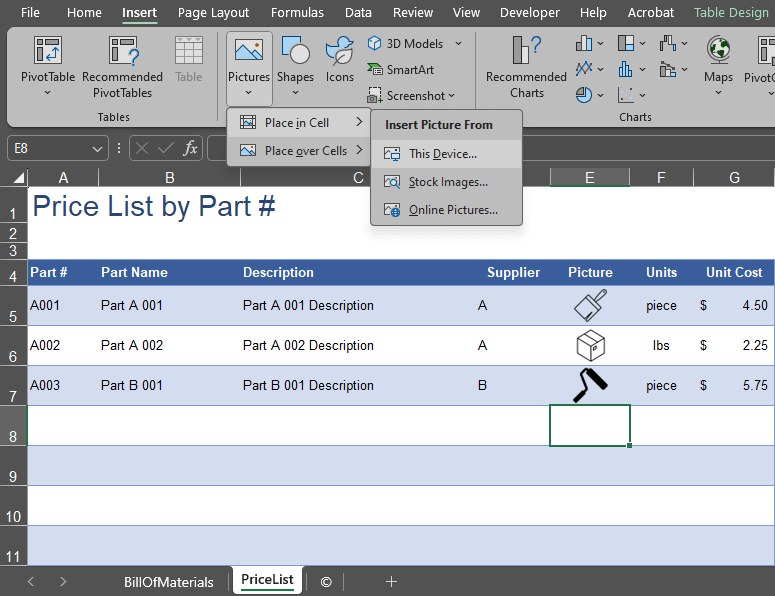 Bill of Materials with Price List