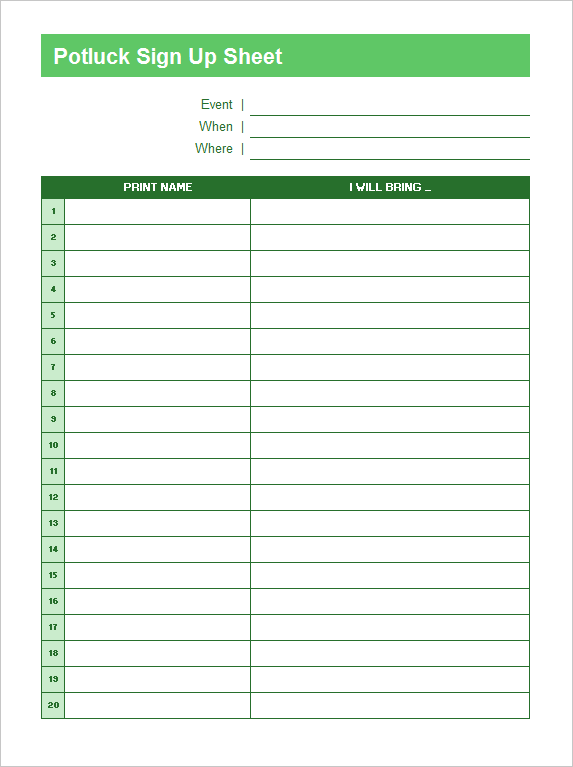 Printable Potluck Sign Up Sheet