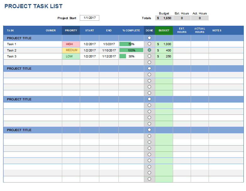 Project Task List Template