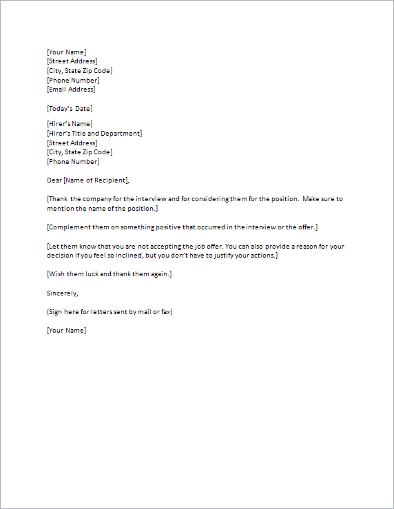 Job Offer Rejection Letter Template