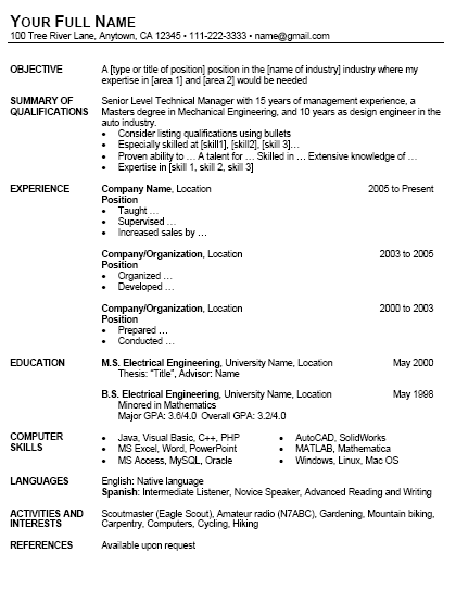 Resume Template (Table Format)