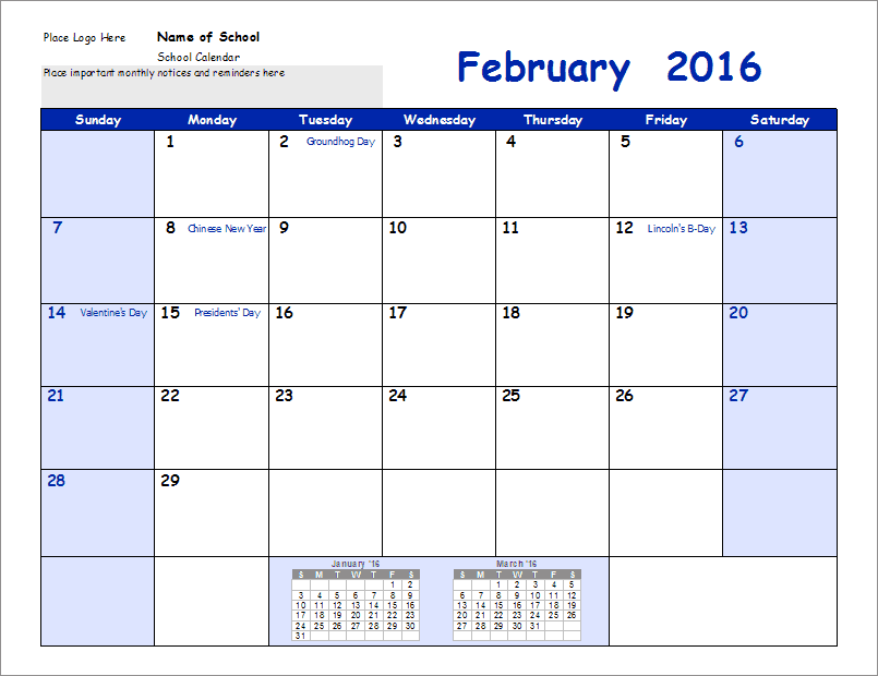 Monthly School Calendar Template