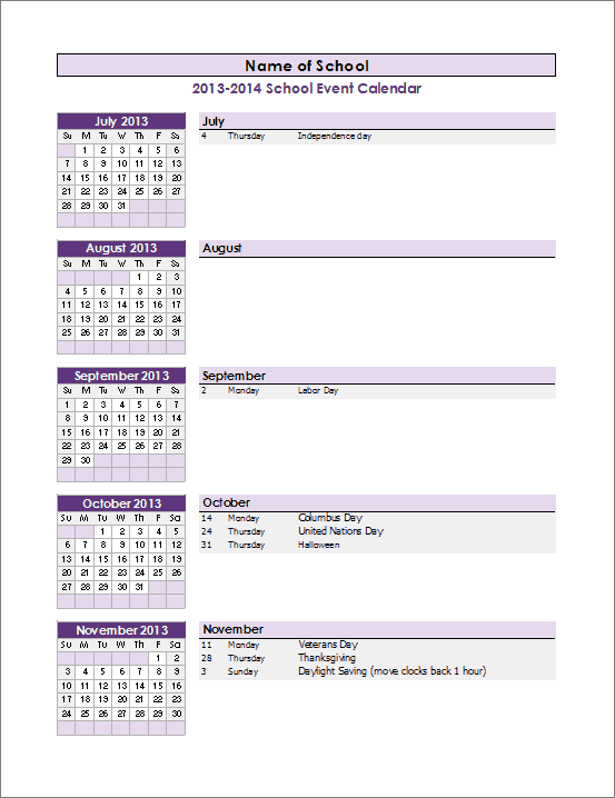 School Year Event Calendar