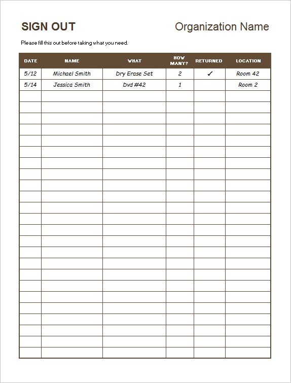 Basic Sign Out Sheet