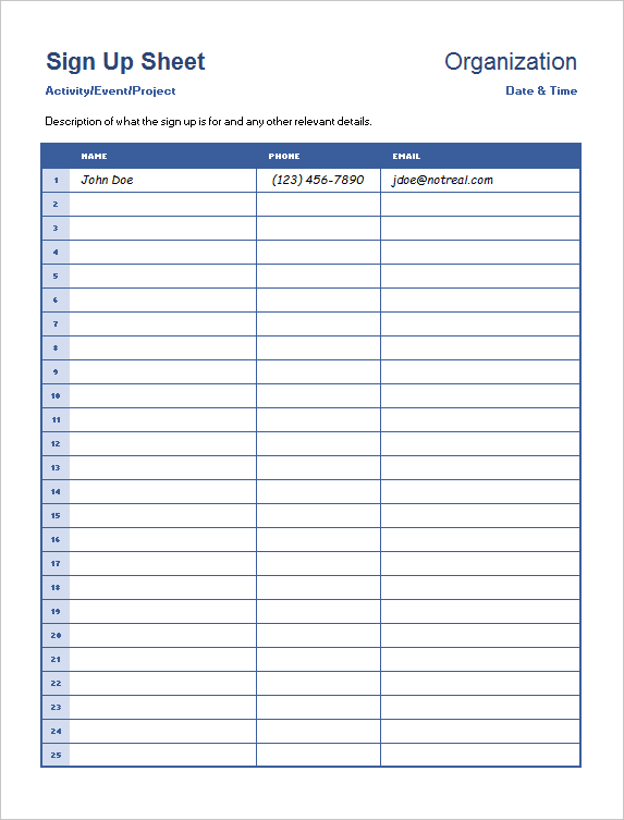 Simple Sign Up Sheet Template