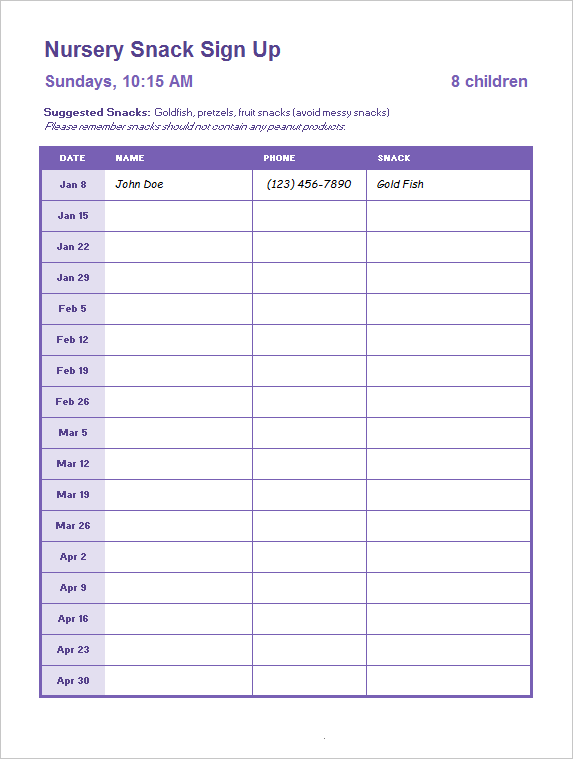 Snack Sign Up Sheet for Nursery