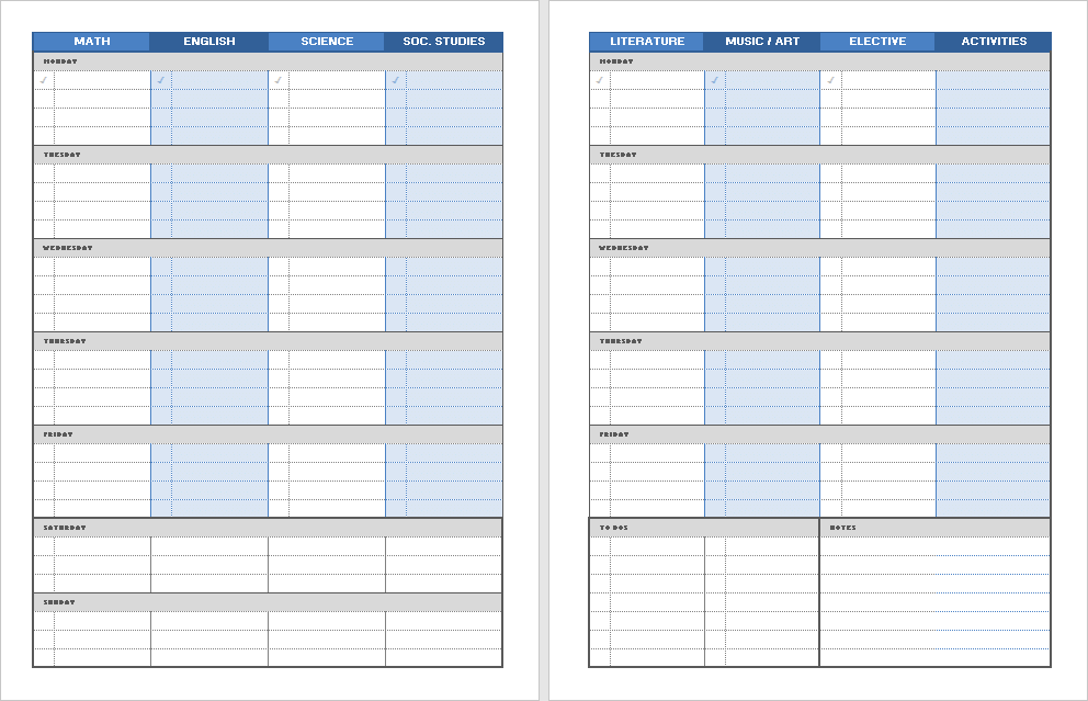 Student Planner - Subject Columns / Weekday Rows