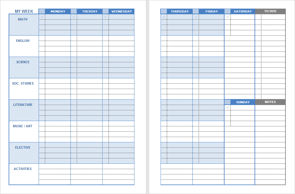 Student Planner - Weekday Columns / Subject Rows