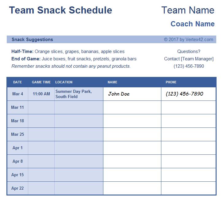 Team Snack Schedule Template