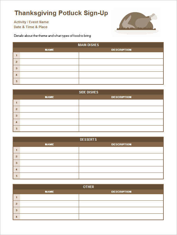 Thanksgiving Potluck Sign Up Sheet