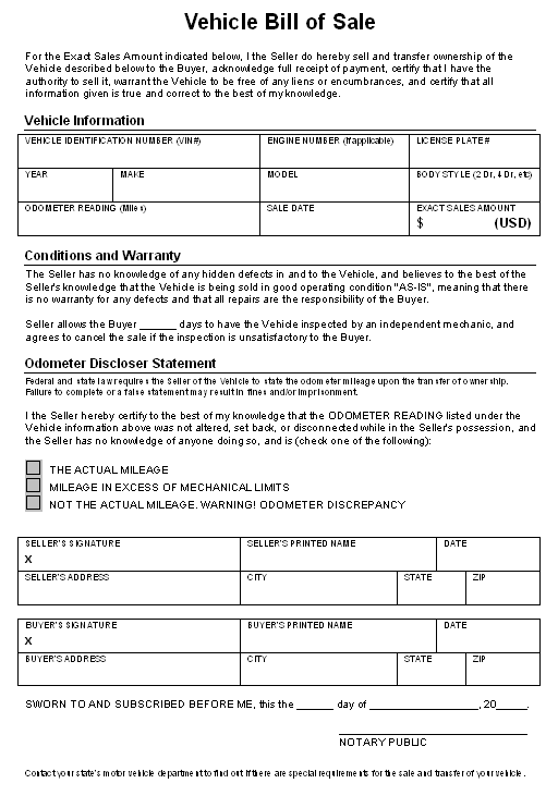 Free Vehicle Bill of Sale Template