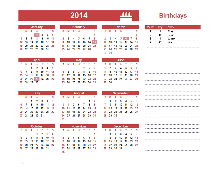 Yearly Birthday Calendar Template