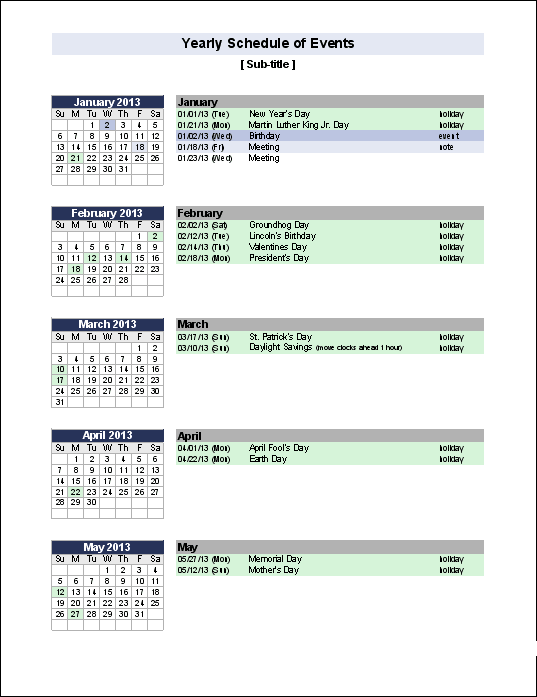 Yearly Schedule of Events