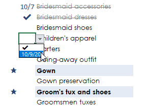 Drop Down Options for Wedding Planning Checklist